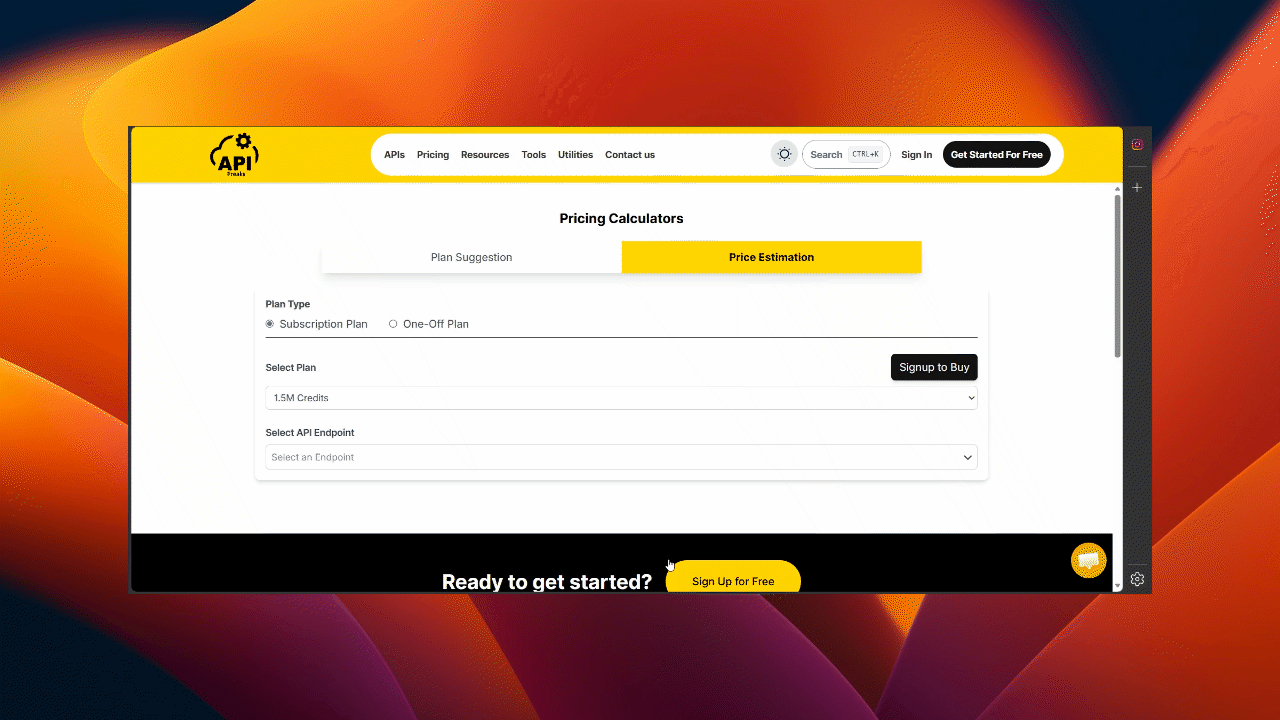 Animated walkthrough of the Price Estimation Calculator: selecting plan type, choosing an API credit plan, picking an API endpoint, adjusting Average Lookups Per Request, and seeing the API cost per 1,000 requests update instantly
