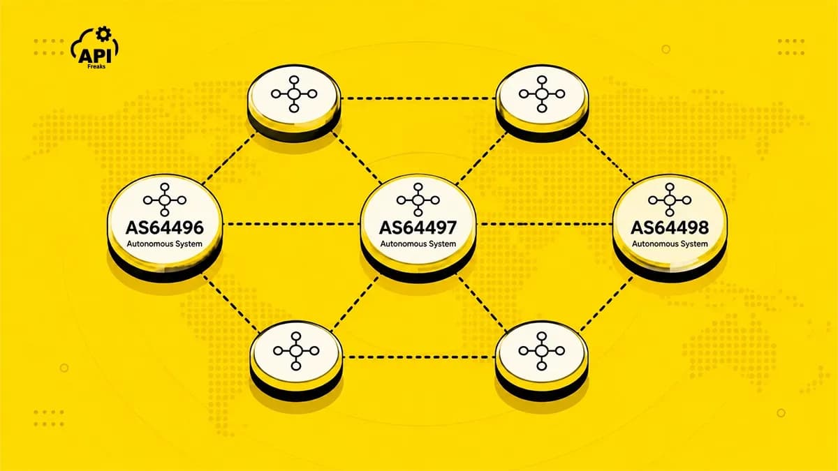 Abstract diagram of interconnected autonomous systems, each node labeled with an example AS number, representing BGP routing.