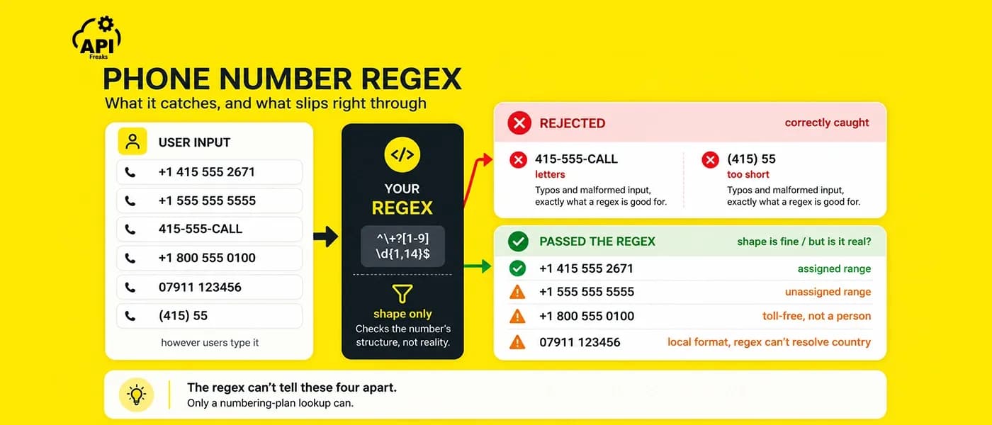  Phone number regex diagram showing caught typos and valid-looking numbers that slip through.