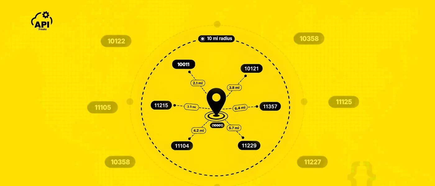 Diagram of a 10-mile radius search around a center point returning nearby ZIP codes with distances