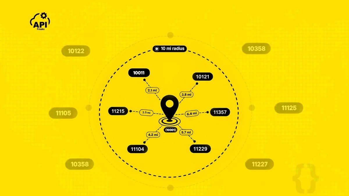 Diagram of a 10-mile radius search around a center point returning nearby ZIP codes with distances