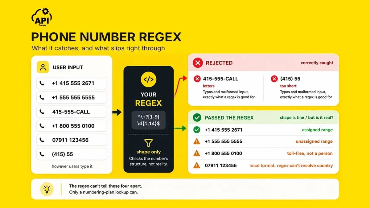 Phone number regex diagram showing caught typos and valid-looking numbers that slip through.