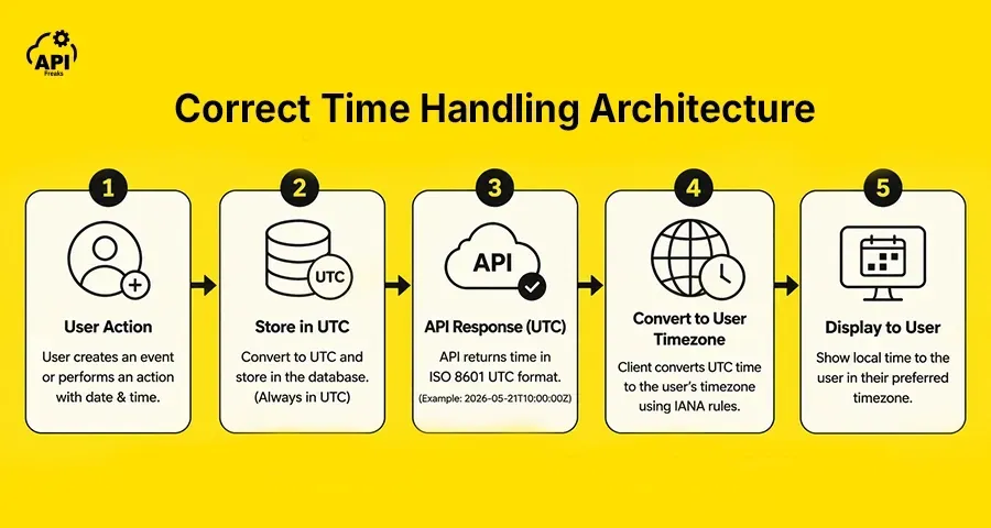 Five-step API workflow: store in UTC, return UTC from API, convert to user timezone, and display local time.