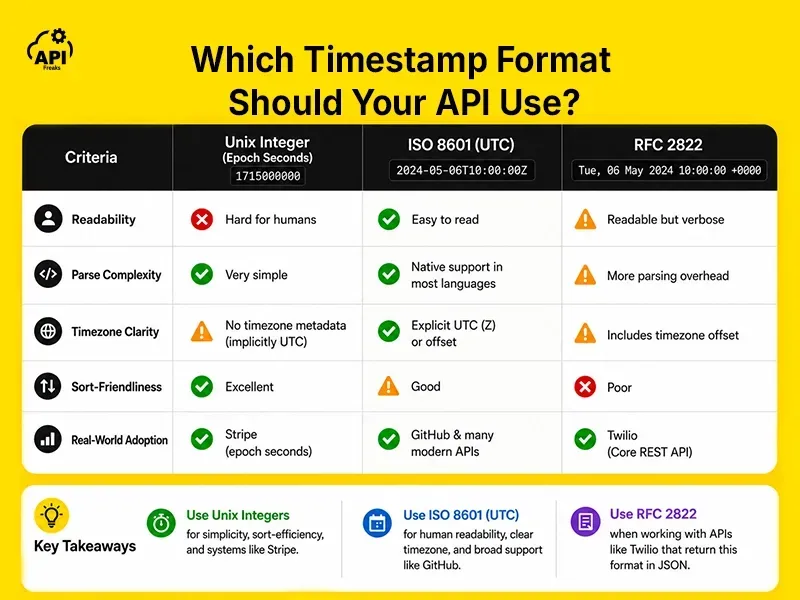 Table comparing Unix, ISO 8601 UTC, and RFC 2822 API formats by readability, parsing, timezone support, and adoption.
