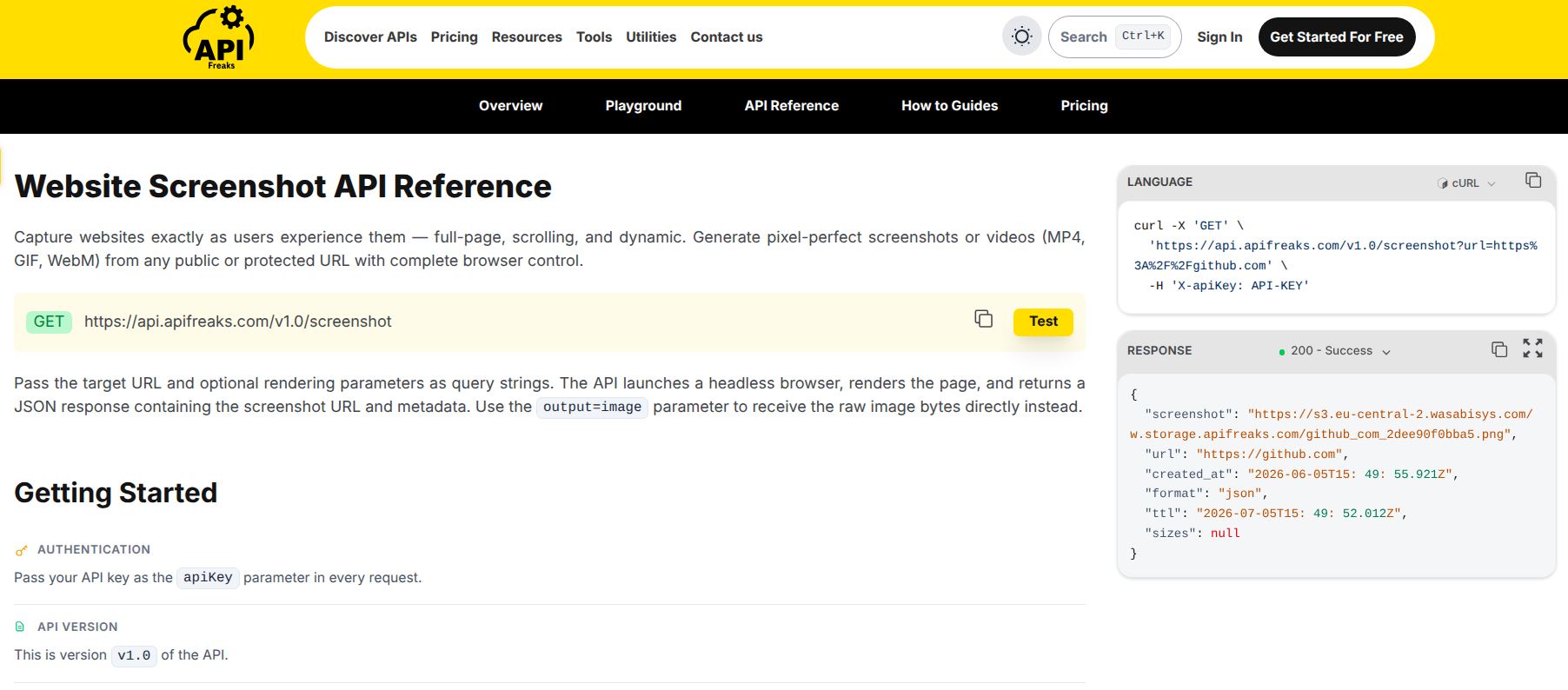 APIFreaks Website Screenshot API reference page showing the endpoint documentation.