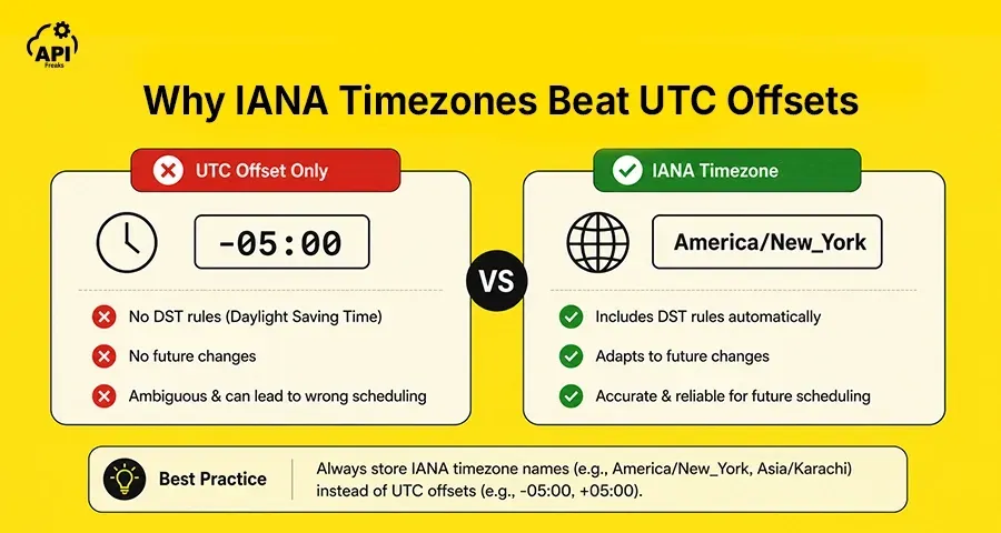 Comparison showing why IANA timezone names offer more reliable scheduling and DST support than fixed UTC offsets.