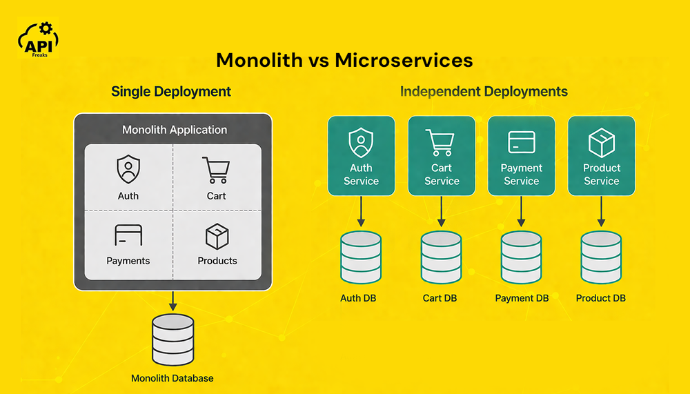 Side-by-side monolith vs microservices diagram showing separate deployments and independent scaling.