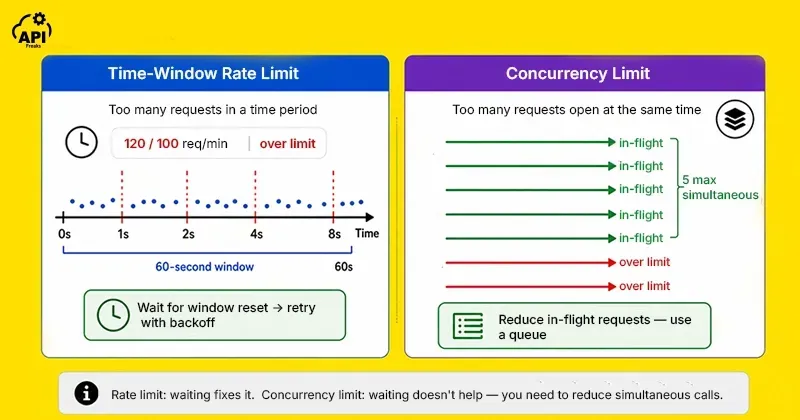 Side-by-side comparison of time-window rate limits resetting over time versus concurrency limits limiting simultaneous requests.