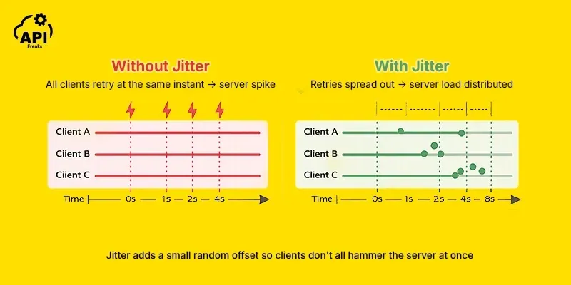 Two-panel diagram comparing retry timing without jitter (all clients spike at once) versus with jitter (retries spread out to reduce server load)