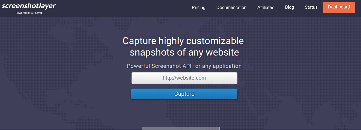 Screenshotlayer by APILayer homepage with the Capture highly customizable snapshots headline and URL input.