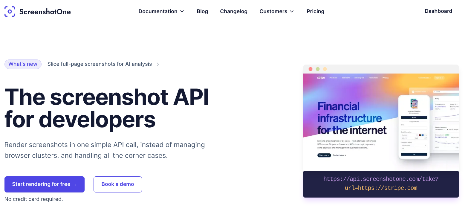 ScreenshotOne homepage with the headline The screenshot API for developers and a rendered sample capture.