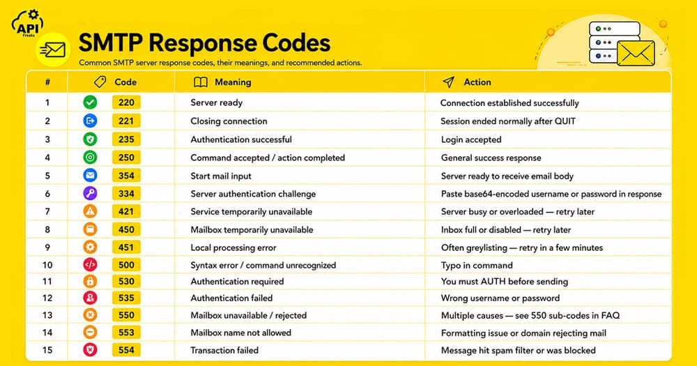 Table listing 15 SMTP server response codes alongside their meanings and required actions.