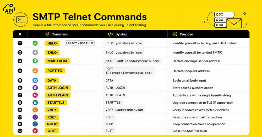 Table listing 12 SMTP Telnet commands with the syntax and purpose for each command.