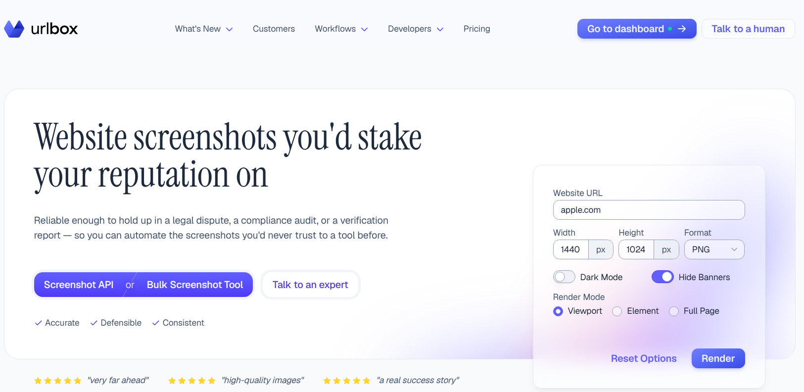 Urlbox homepage with the headline Website screenshots you'd stake your reputation on.