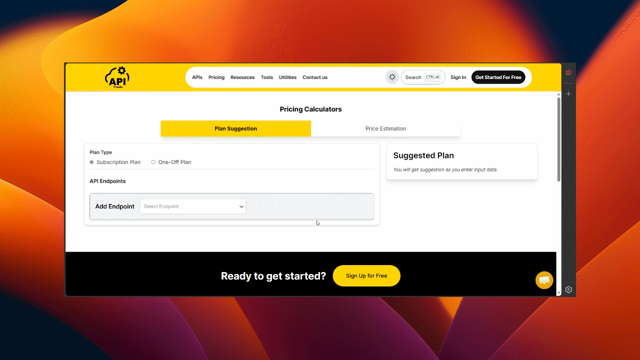 Animated walkthrough of the Plan Suggestion Calculator: selecting plan type, adding an API endpoint, entering monthly request volume, clicking + to add a second endpoint, and watching the API plan recommendation update live